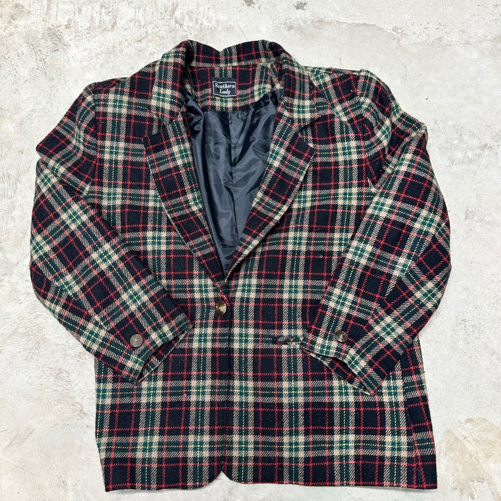 Southern Lady Blazer Plaid Wool Blend‎ Green Red Made in USA Vintage 7/8 Coat - Picture 3 of 8
